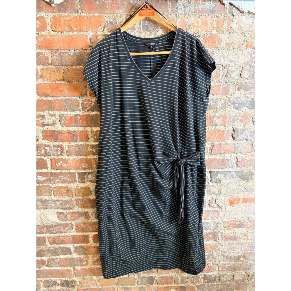 LUCKY 🍀 BRAND • Black White Stripe Faux Gathered Knot Short Sleeve Midi Shirt D